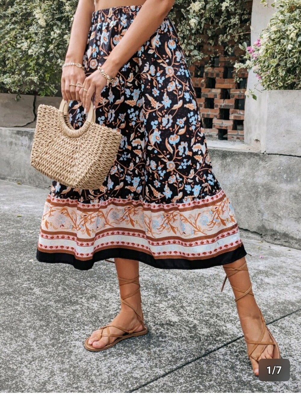 Boho Floral Tiered Midi Skirt - Black Multi